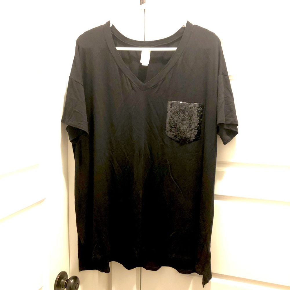 🖤 HAWT HONEYME black sequin pocket short sleeve top! Size L. Boutique!